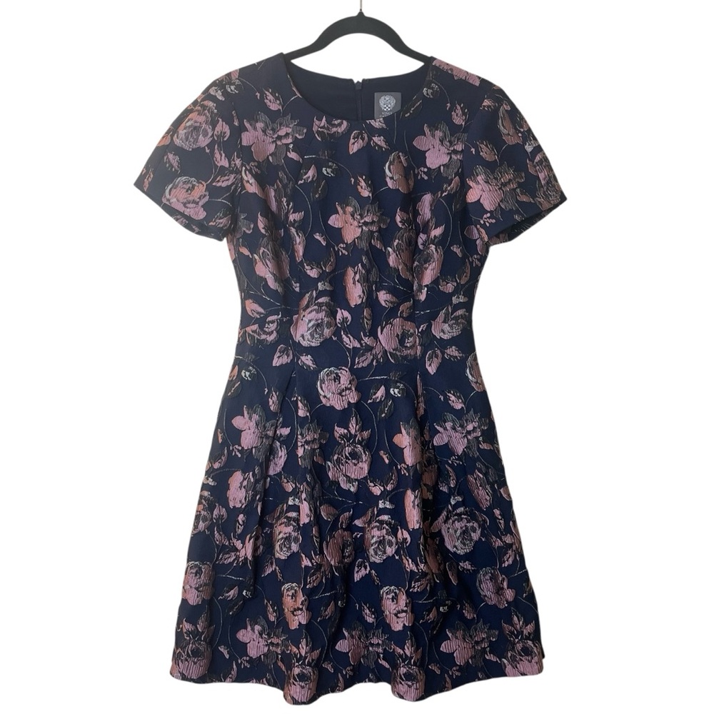 Vince Camuto Navy Blue Dress with Pink Floral Jacquard Sz 6